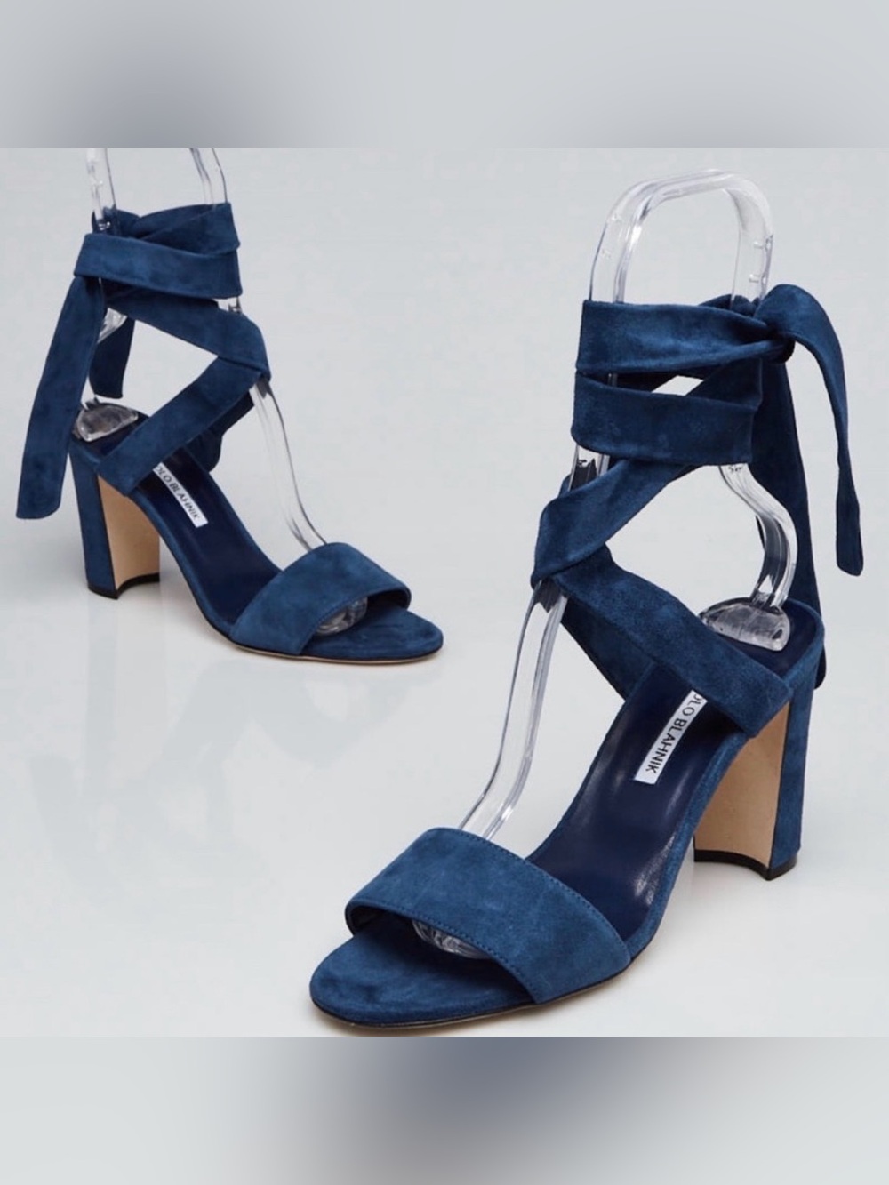 Manolo Blahnik Navy Suede Wrap Tie Block Heel Sandals
